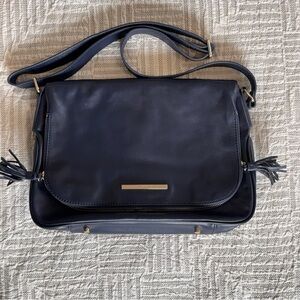 Jack French Navy Leather Shoulder Bag | Tassel Detail | Purple Lining